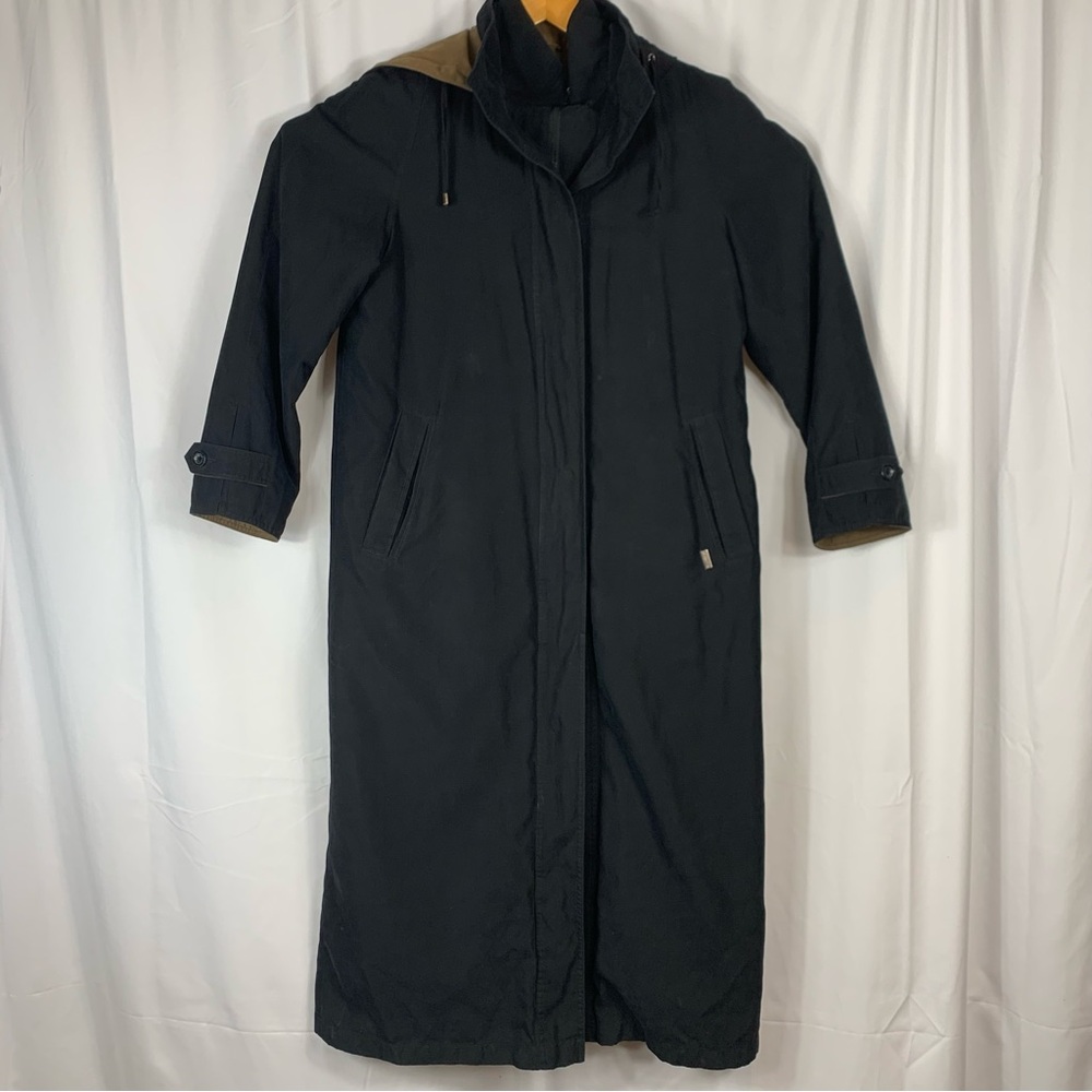 London Fog Priscilla Long Black Lined Trench Coat Size 8 Removable Hood & Liner